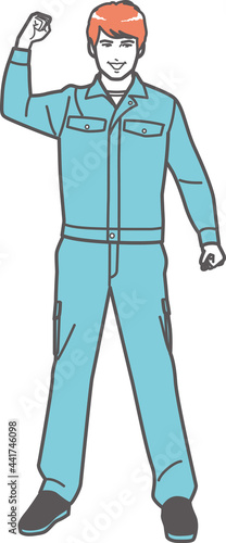 ガッツポーズする作業服の男性（全身）①