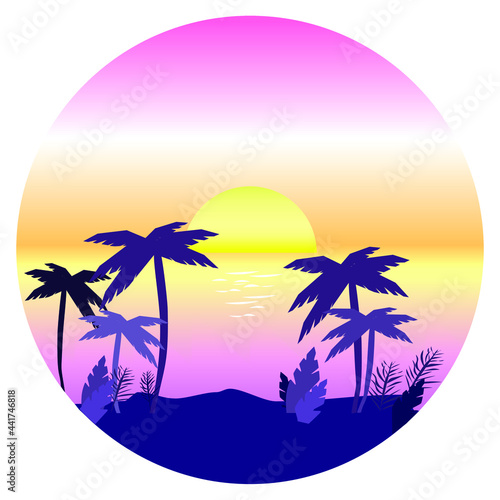 Vector retrowave landscape in a circle, round illustration of seascape with sea, palm trees and susnet