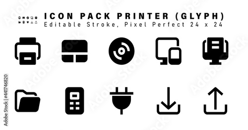 Icon Set of Printer Glyph Icons. Contains such Icons as Computer, Open File, Calculator, Plug etc. Editable Stroke. 24 x 24 Pixel Perfect
