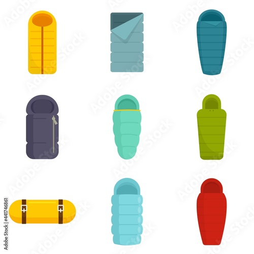 Sleeping bag icons set flat vector isolated