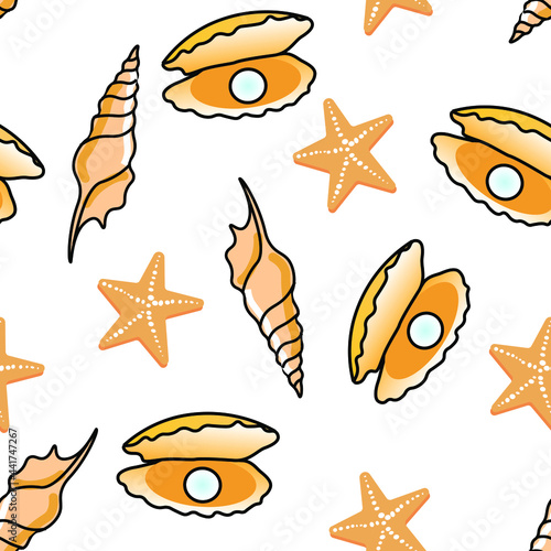 Vector sea shells seamless pattern with conch, starfish, pearl shell isolated on white background