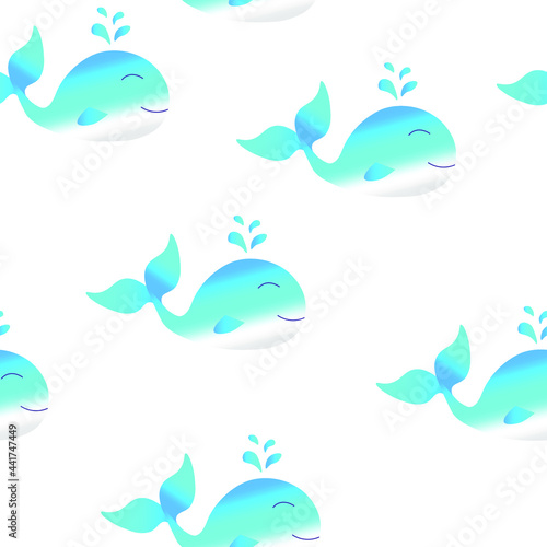 Fototapeta Naklejka Na Ścianę i Meble -  Vector illustration of a cute baby whale, whale seamless pattern in cartoon style