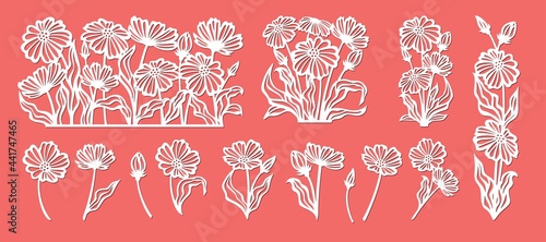 Set of cut flowers. Chamomiles, daisies, poppies, leaves, stems in a bouquet, in a flower bed, single. Theme of nature, bloom, spring, summer, plants. Vector template for plotter laser cutting, cnc.