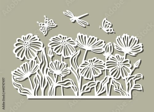 Panel with flowers and insects. Flowerbed, field meadow with chamomiles, poppies, butterflies, dragonfly. Decorative layout for plotter laser cutting of paper, metal engraving, wood carving, plywood.