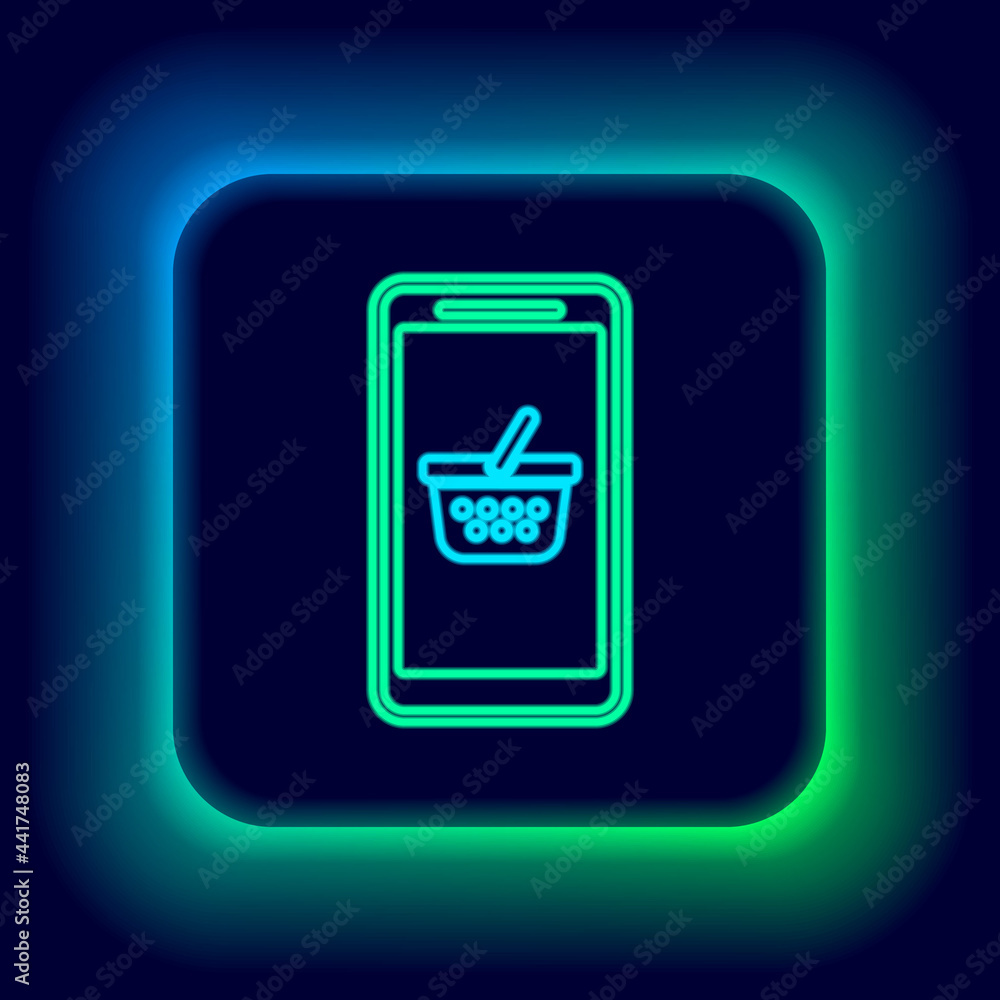Glowing neon line Mobile phone and shopping basket icon isolated on black background. Online buying symbol. Supermarket basket symbol. Colorful outline concept. Vector Glowing neon line Mobile phone and shopping basket icon isolated on black background. Online buying symbol. Supermarket basket symbol. Colorful outline concept. Vector