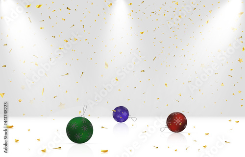 Christmas balls lie on the floor with reflection. Vector illustration for congratulations.