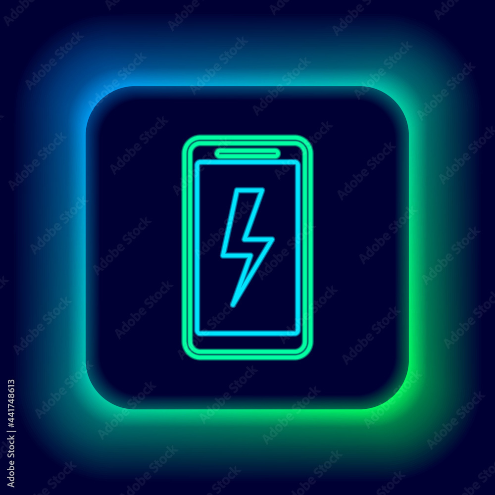 Glowing neon line Smartphone charging battery icon isolated on black background. Phone with a low battery charge. Colorful outline concept. Vector Glowing neon line Smartphone charging battery icon isolated on black background. Phone with a low battery charge. Colorful outline concept. Vector