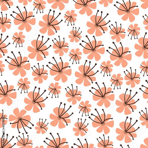 Apple flower in blossom botanical vector Illustration contour seamless pattern of spring flowers on white background, cherry pink blooming flowers