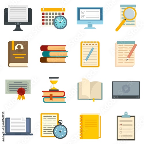Preparation for exams icons set flat vector isolated