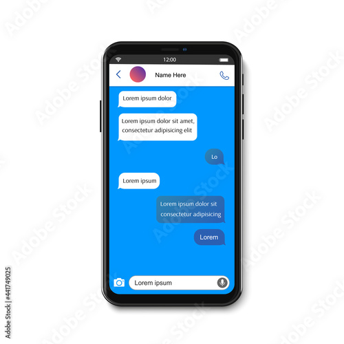 Smartphone chatting sms app template bubbles. SMS chat composer. Place your own text to the message. Editable phone chat mockup bubble. Vector illustration