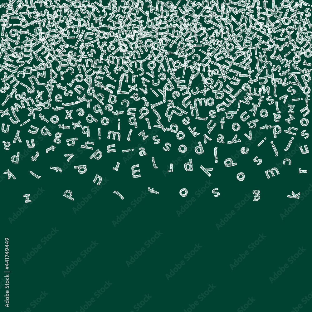 Falling letters of English language. Childish chalk flying words of Latin alphabet. Foreign languages study concept. Likable back to school banner on blackboard background. Falling letters of English language. Childish chalk flying words of Latin alphabet. Foreign languages study concept. Likable back to school banner on blackboard background.