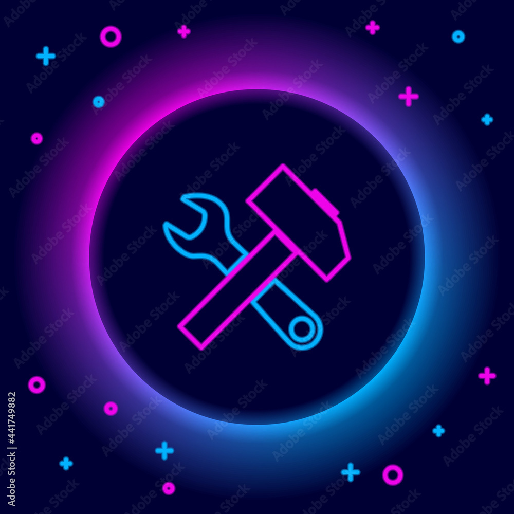 Glowing neon line Crossed hammer and wrench icon isolated on black background. Hardware tools. Colorful outline concept. Vector Glowing neon line Crossed hammer and wrench icon isolated on black background. Hardware tools. Colorful outline concept. Vector