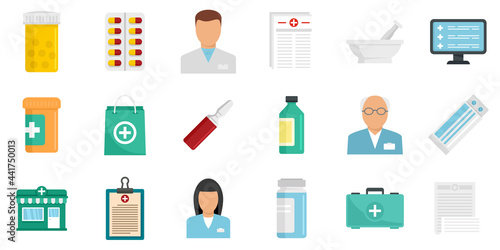 Pharmacist icons set flat vector isolated
