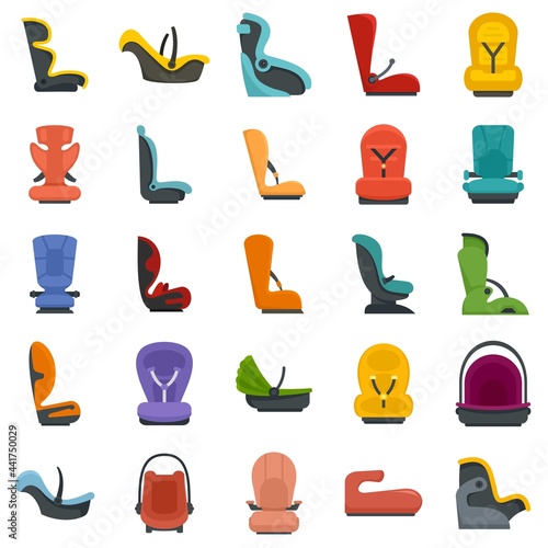 Baby car seat icons set flat vector isolated