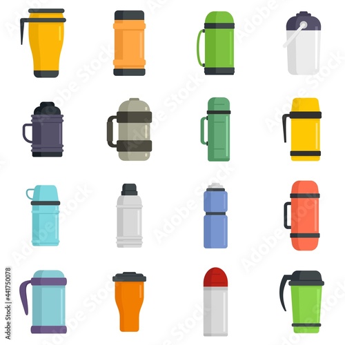 Vacuum insulated water bottle icons set flat vector isolated