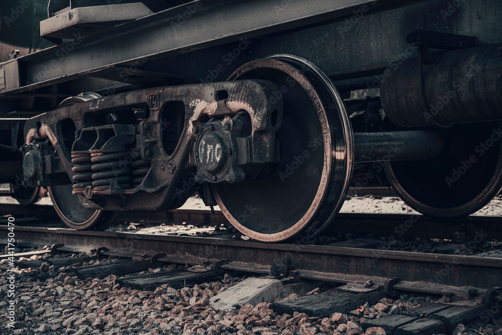 Industrial rail train wheels closeup .