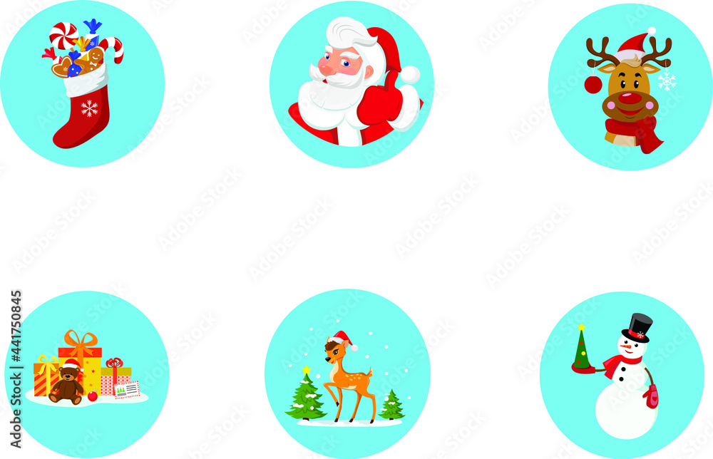 Set of New Year stickers with Santa Claus and his friends