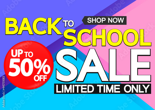 Back to School Sale up to 50% off, discount poster design template, special offer, vector illustration