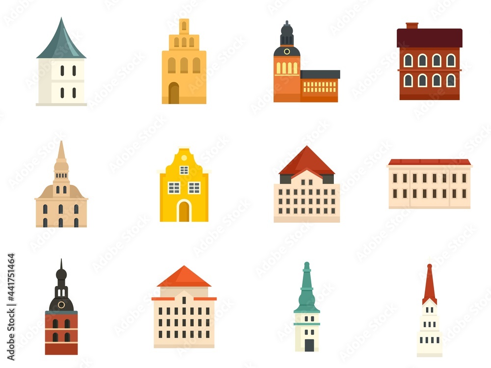 Riga icons set flat vector isolated - obrazy, fototapety, plakaty 