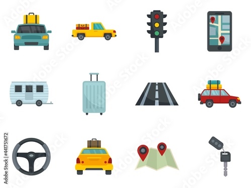 Car trip icons set flat vector isolated