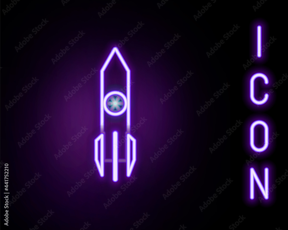 Glowing neon line Nuclear rocket icon isolated on black background. Rocket bomb flies down. Colorful outline concept. Vector Glowing neon line Nuclear rocket icon isolated on black background. Rocket bomb flies down. Colorful outline concept. Vector