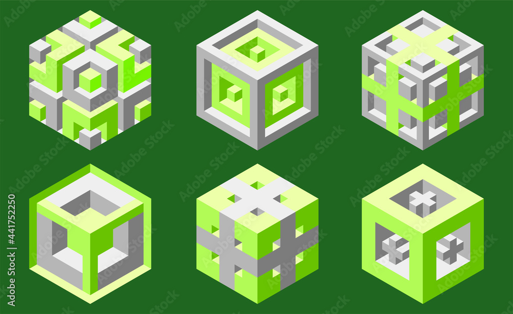 Set of illusory cubes made of blocks. The isometric cube turns in different angles. Math objects with mental tricks. Brain optical illusion. Symbol with three-dimensional effect. Set of illusory cubes made of blocks. The isometric cube turns in different angles. Math objects with mental tricks. Brain optical illusion. Symbol with three-dimensional effect.