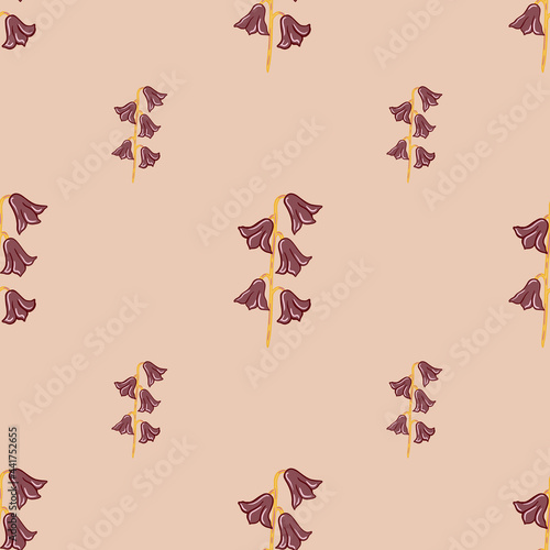 Minimalistic style seamless pattern with doodle bell flowers silhouettes. Pastel light pink background.