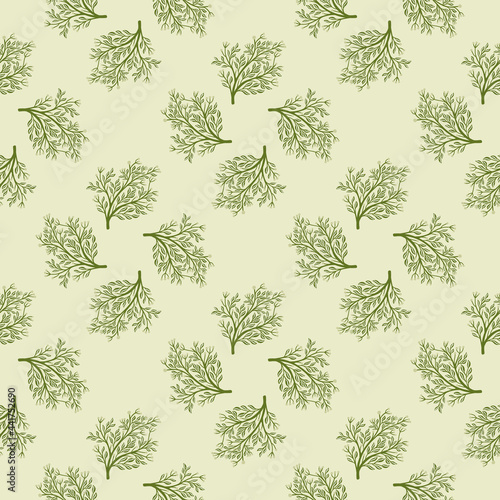 Plant seamless forest pattern with simple green tree silhouettes. Pastel grey background. Natural print.