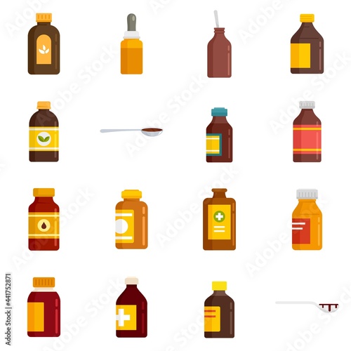 Cough syrup icons set flat vector isolated