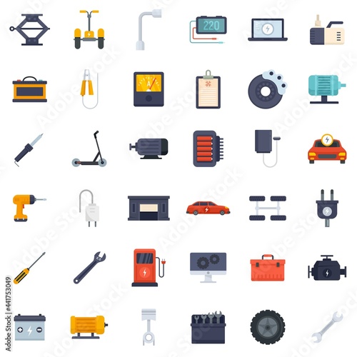 Electric vehicle repair icons set flat vector isolated