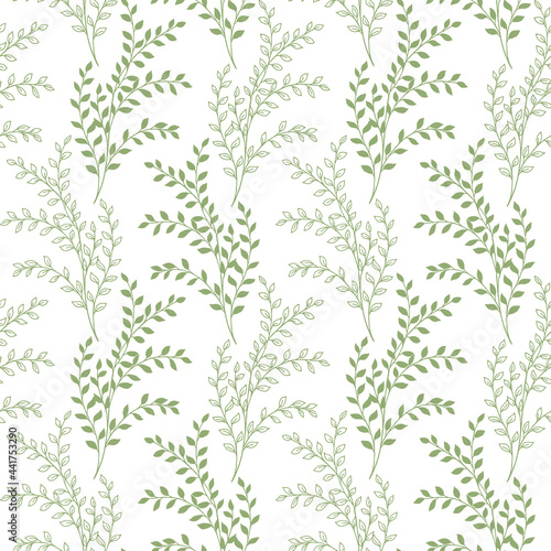 Green leaves branches drawing seamless pattern. Botanical spring leafy ornament isolated