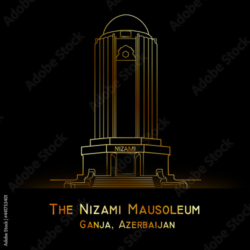 Famous architectural landmark mausoleum skyline Ganja Azerbaijan gold line art