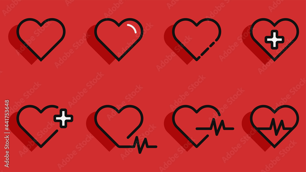 Heart vector icons. Set of heartbeat icon on isolated red background. Symbol cardiogram heart logo in linear style. Vector illustration