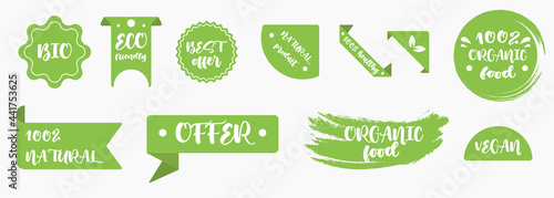 Best vector Set bio, vegan, ecology, organic logos and badges, label, tag. Vector illustration design. Eco bio and organic food label. Vegan product element green labels or sticker. Ecology food label