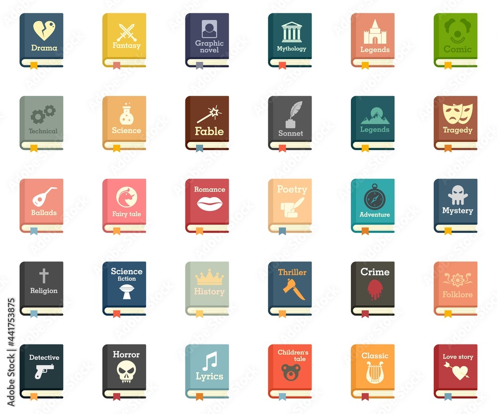 Literary genres icons set flat vector isolated Literary genres icons set flat vector isolated