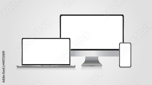 Realistic set of monitor, laptop, smartphone. 3d devise mockup set vector. Realistic screen layout