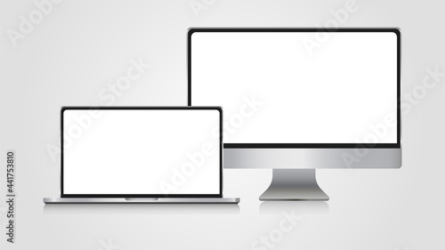 Realistic set of monitor, laptop. 3d devise mockup set vector. Realistic screen layout