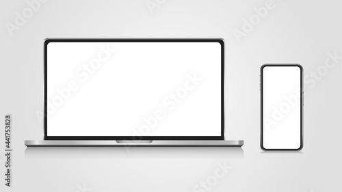 Realistic set of monitor, laptop, smartphone. 3d devise mockup set vector. Realistic screen layout