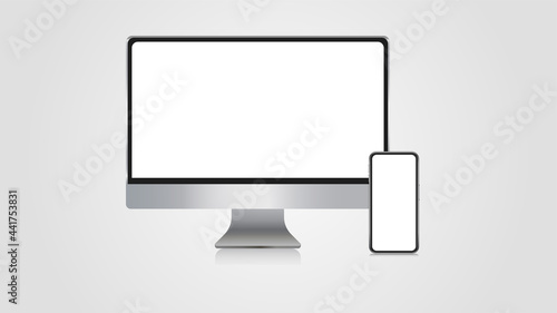 Realistic set of monitor,  smartphone. 3d devise mockup set vector. Realistic screen layout