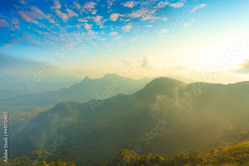 beautiful mountains and sky,Mountain valley during sunrise. Beutiful natural landsscape in the summer time. photo