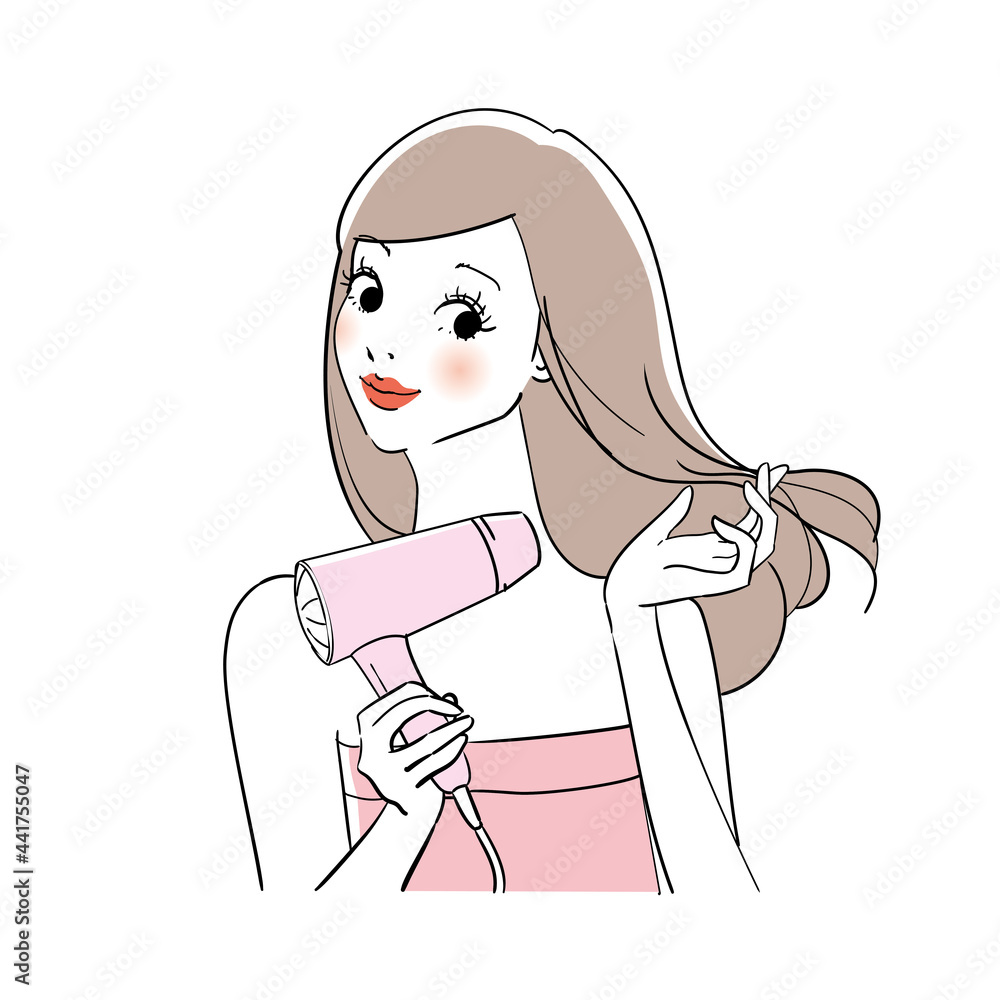 ドライヤーで髪を乾かす女性
