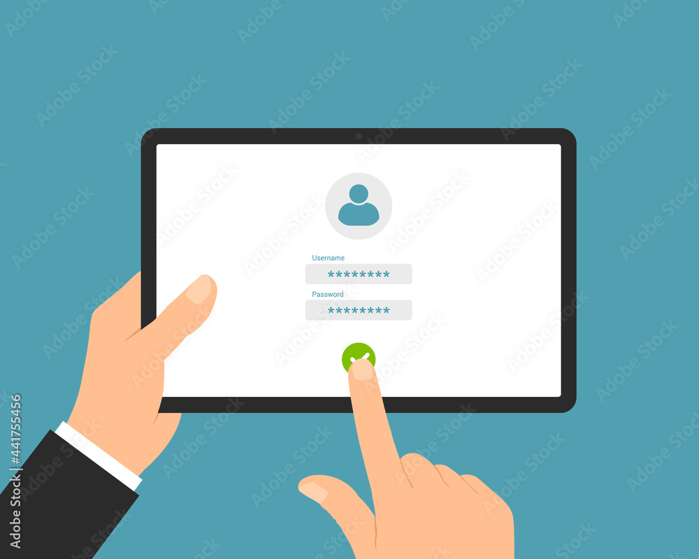 Flat design illustration of a manager's hand holding a tablet. Enter username and password on the login screen, vector