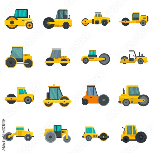 Road roller icons set flat vector isolated
