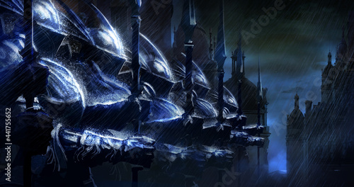 Cuadro en lienzo A company of elite knights with spears stands in the middle of a dark night square in the pouring rain, they are disciplined in front, their silver armor glitters in the lightning of a thunderstorm