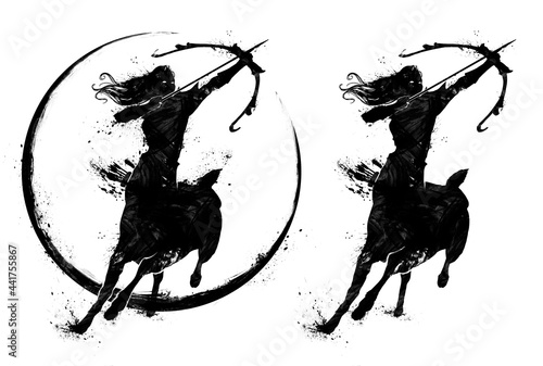 A black blob silhouette of a beautiful centaur half-deer half-human woman with long hair, she runs forward in an epic pose aiming her bow ready to shoot. 2d illustration