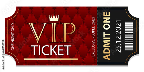 Stub black and red VIP admission ticket template with golden glittering VIP sign.
