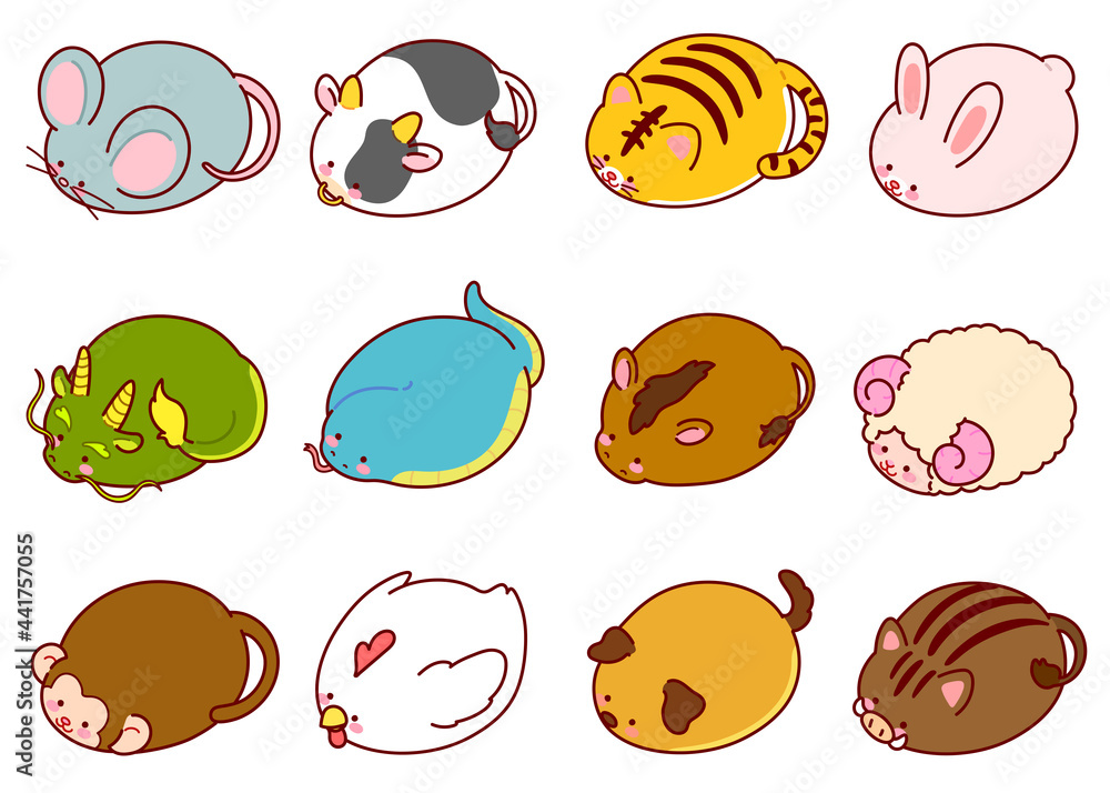 Fototapeta premium Set of cute and round simple zodiac animals outlined