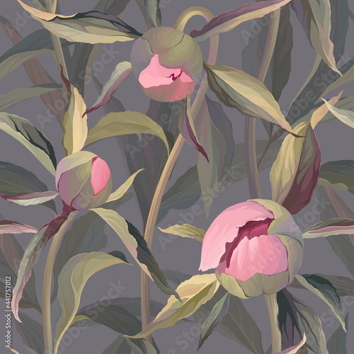 Seamless pattern with buds of peonies on a dark gray background.