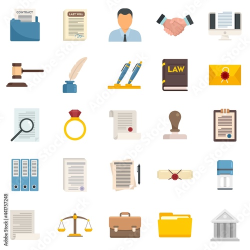 Notary icons set flat vector isolated
