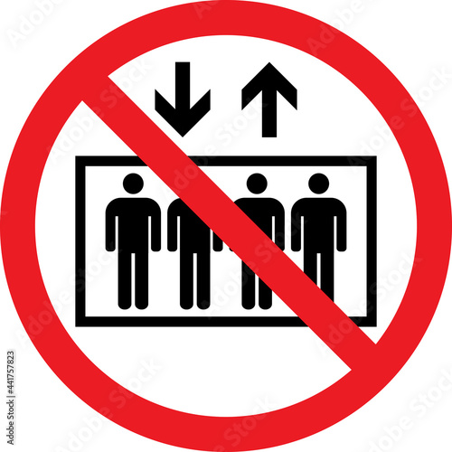 Do not use elevator sign. Red circle background. Fire safety signs and symbols.
